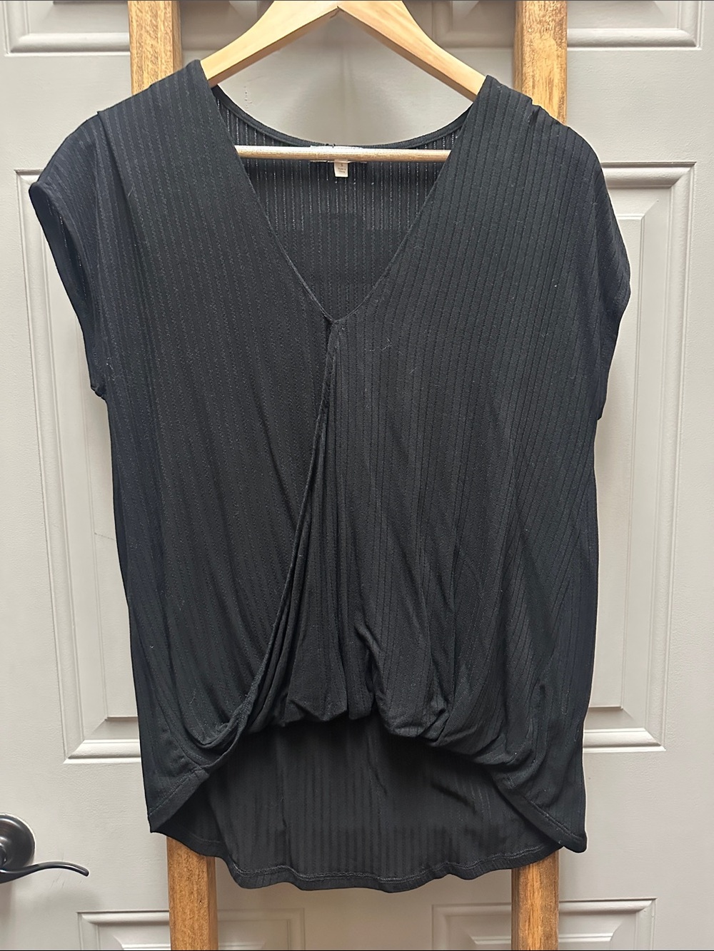 Mystree Black V-Neck Draped Ribbed Tunic